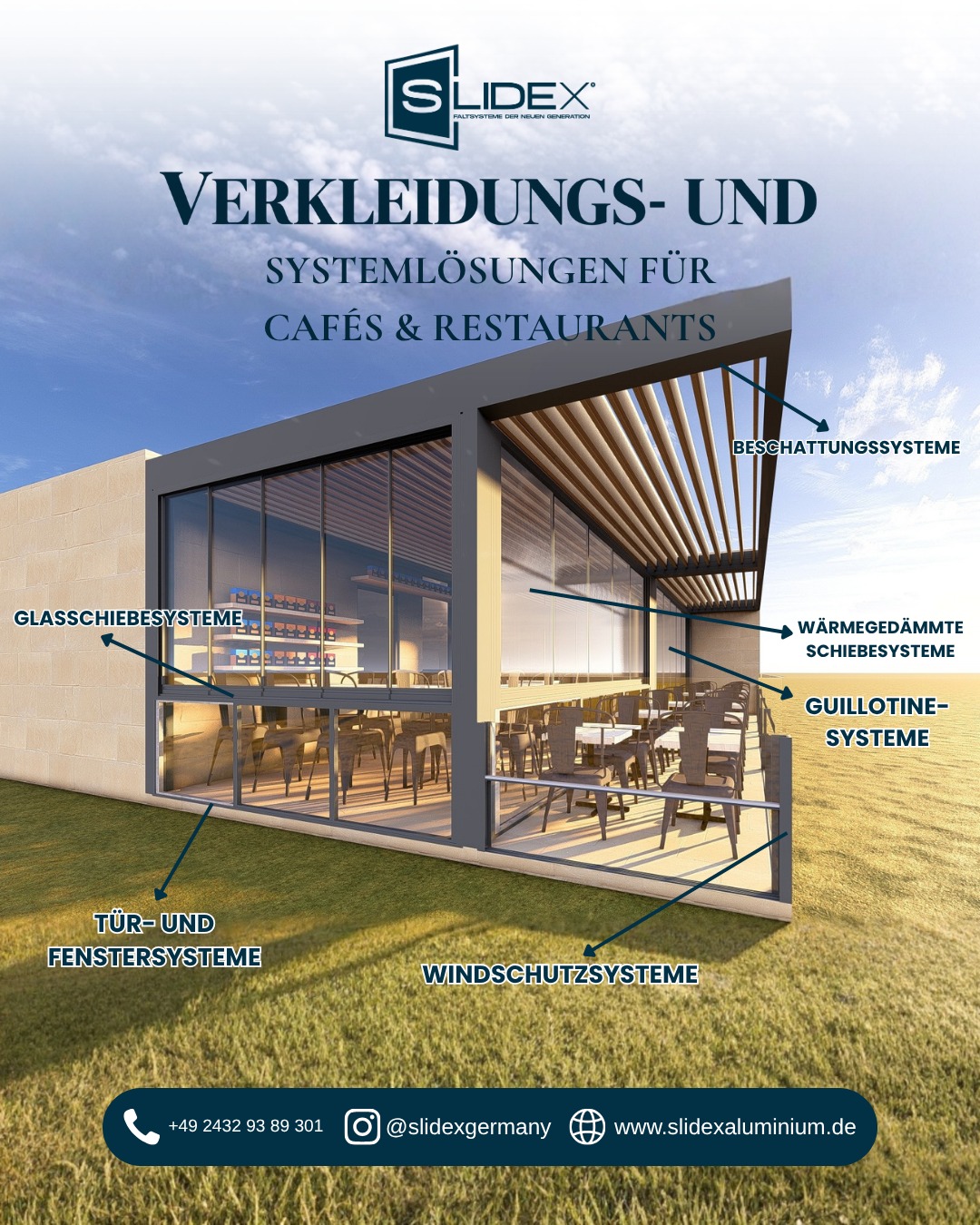 Verkleidungs- und Systemlösungen für Cafés und Restaurants: Beschattungssysteme, wärmegedämmte Schiebesysteme, Guillotine-Systeme, Windschutzsysteme, Tür- und Fenstersysteme sowie Glasschiebesysteme an einem Gastronomie-Außenbereich